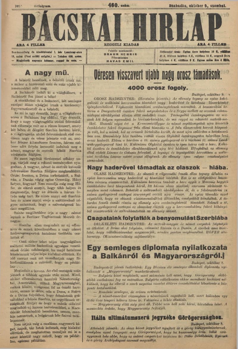 Bácskai Hirlap, 19. évf. 1915. október 9. 460. sz.