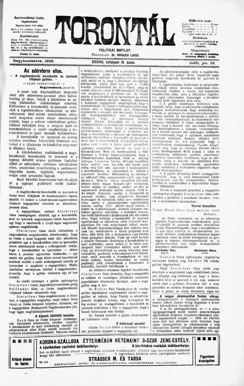 Torontál, 38. évf. 1909. január 25. 19. sz.