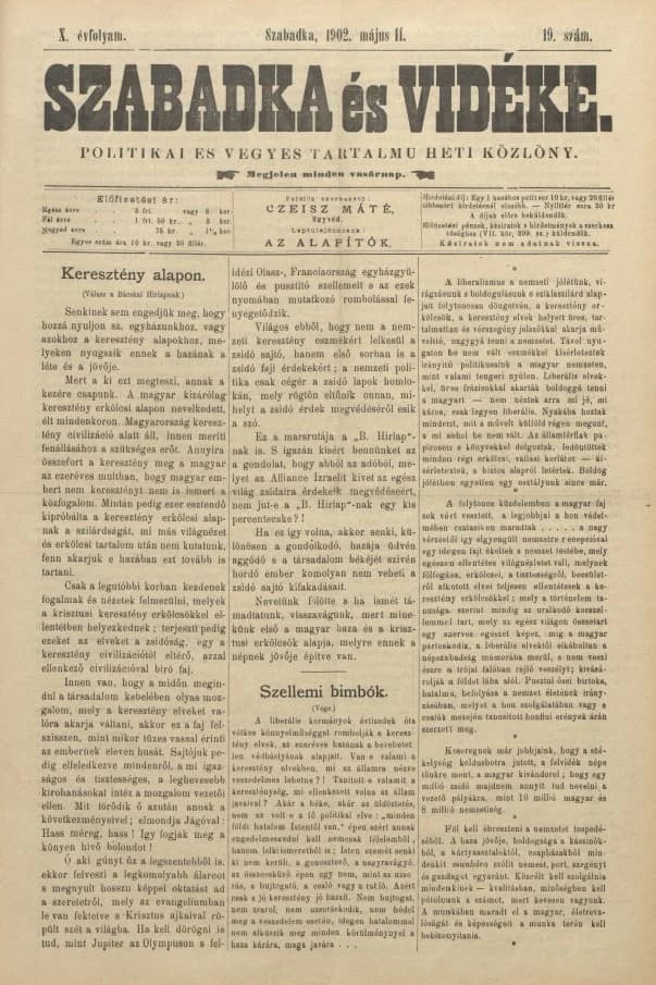 Szabadka és vidéke II, 10. évf. 1902. május 11. 19. sz.