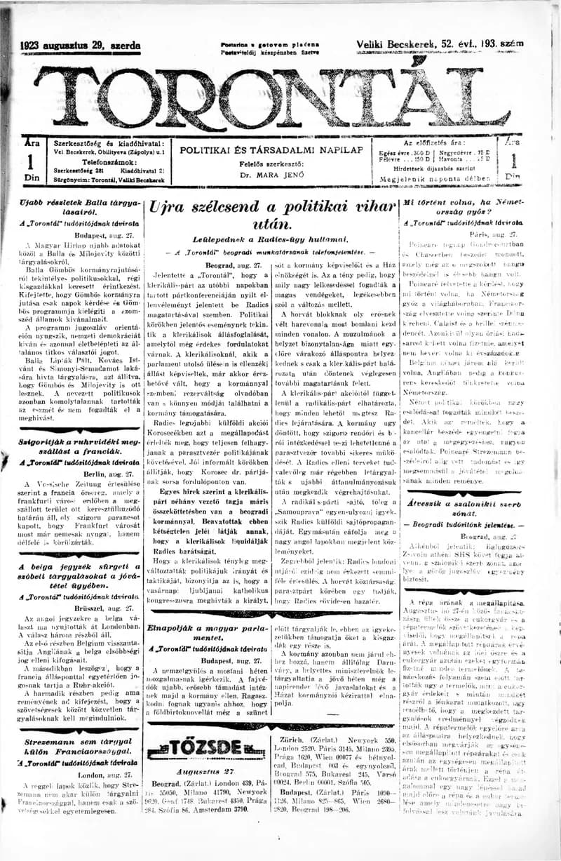 Torontál, 52. évf. 1923. augusztus 29. 193. sz.