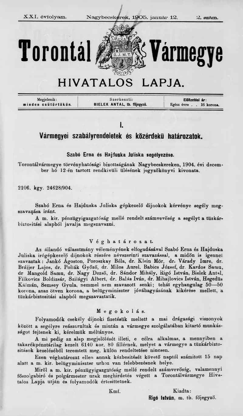 Torontál Vármegye Hivatalos Lapja, 21. évf. 1905. január 12. 2. sz.