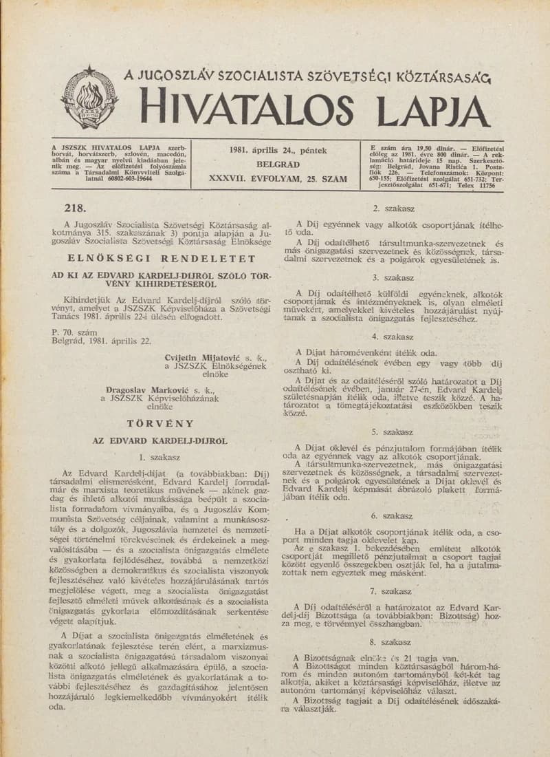 A Jugoszláv Szocialista Szövetségi Köztársaság Hivatalos Lapja, 37. évf. 1981. április 24. 25. sz. 577–636. oldal
