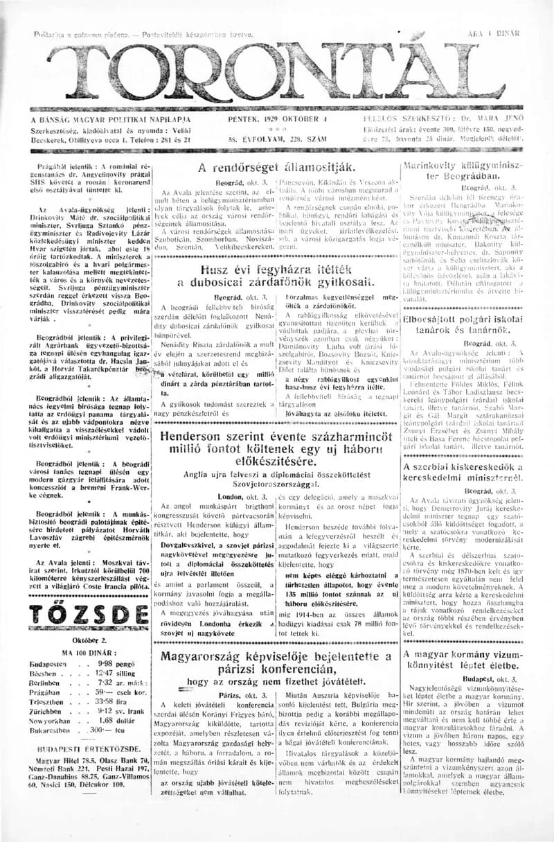 Torontál, 58. évf. 1929. október 4. 228. sz.