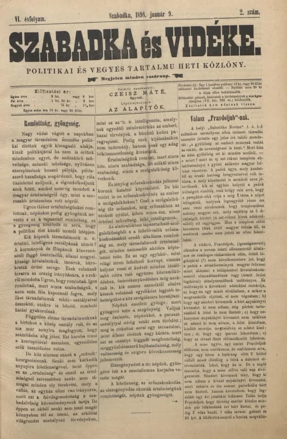 Szabadka és vidéke II, 6. évf. 1898. január 9. 2. sz.
