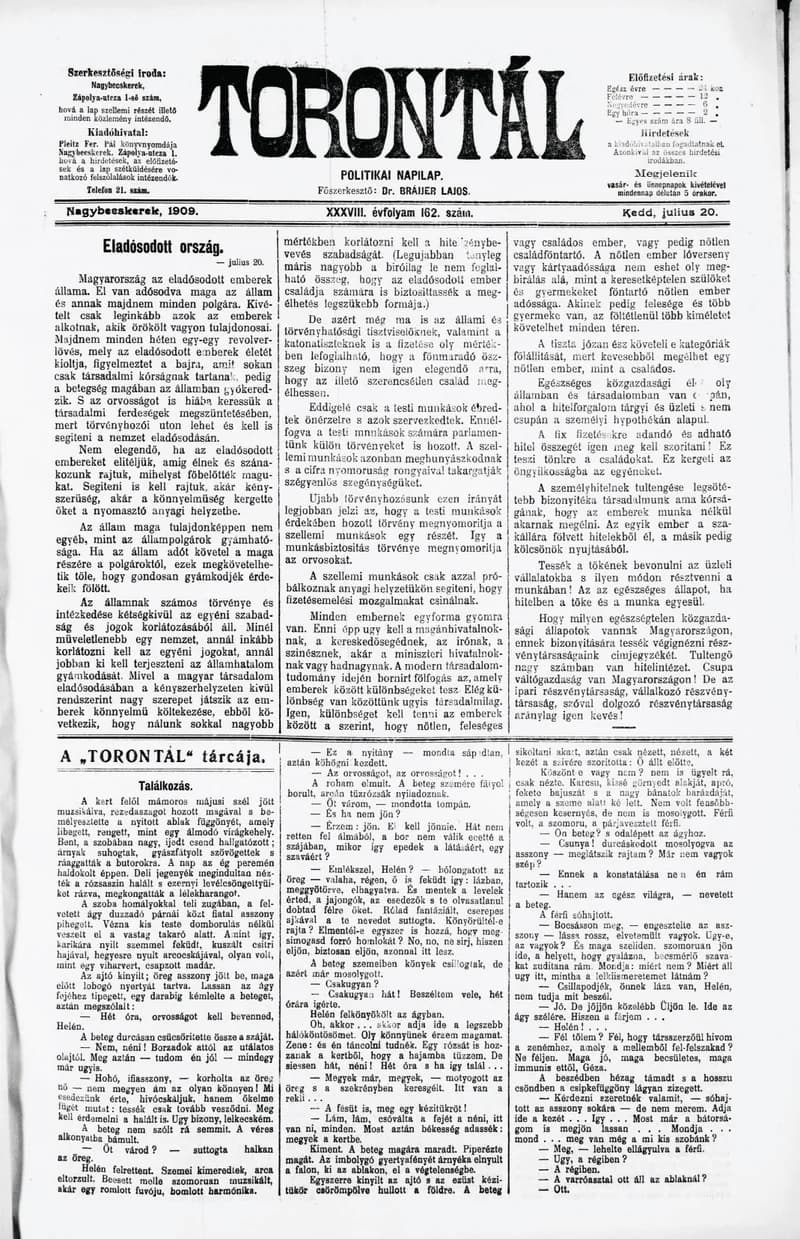 Torontál, 38. évf. 1909. július 20. 162. sz.