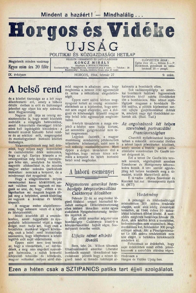 Horgos és vidéke, 9. évf. 1944. február 27. 9. sz.