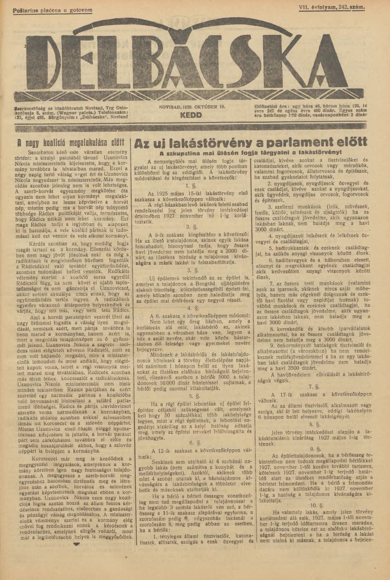 Délbácska, 7. évf. 1926. október 19. 242. sz.
