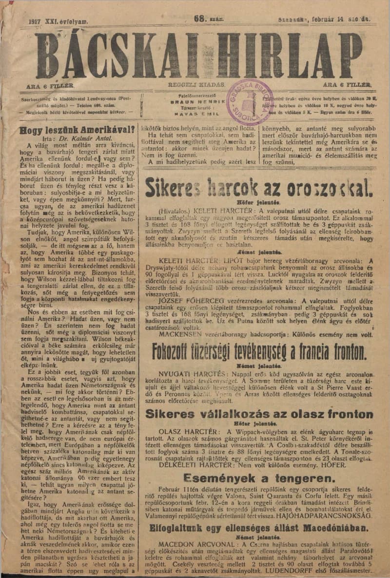 Bácskai Hirlap, 21. évf. 1917. február 14. 68. sz.
