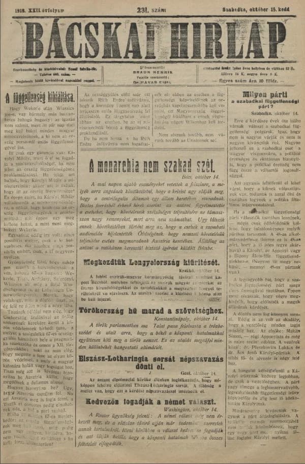 Bácskai Hirlap, 22. évf. 1918. október 15. 231. sz.
