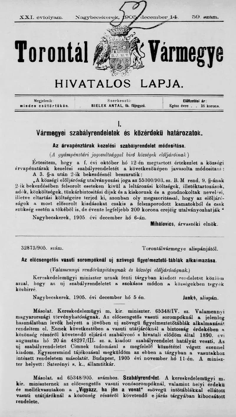 Torontál Vármegye Hivatalos Lapja, 21. évf. 1905. december 14. 59. sz.