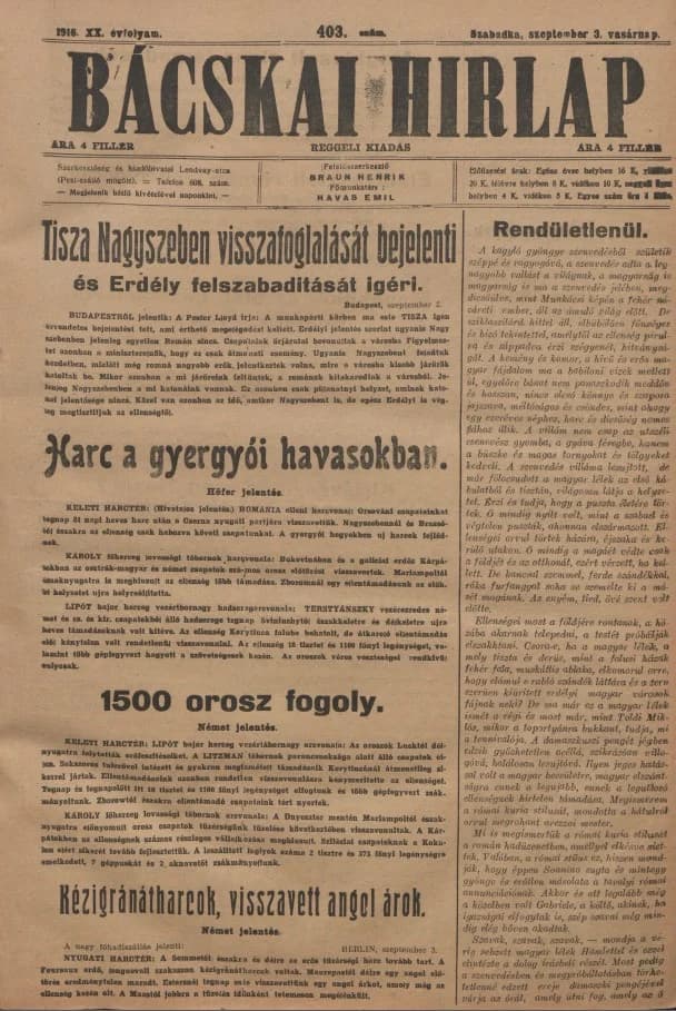 Bácskai Hirlap, 20. évf. 1916. szeptember 3. 403. sz.
