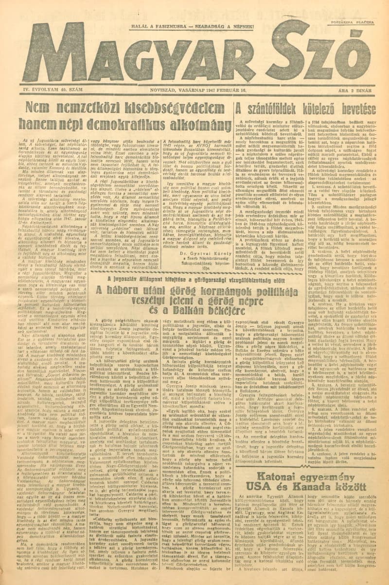 Magyar Szó, 4. évf. 1947. február 16. 40. sz. 1–8. oldal