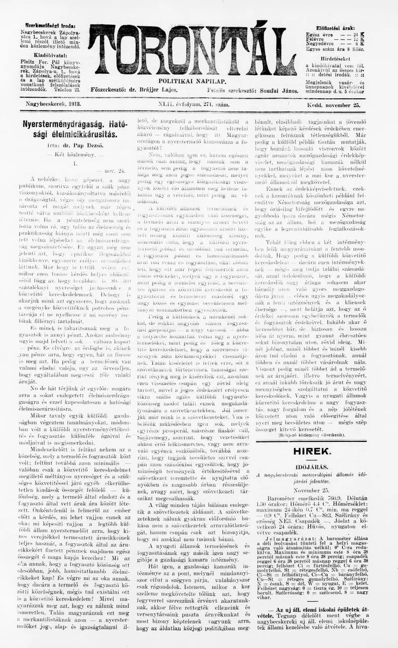 Torontál, 42. évf. 1913. november 25. 271. sz.