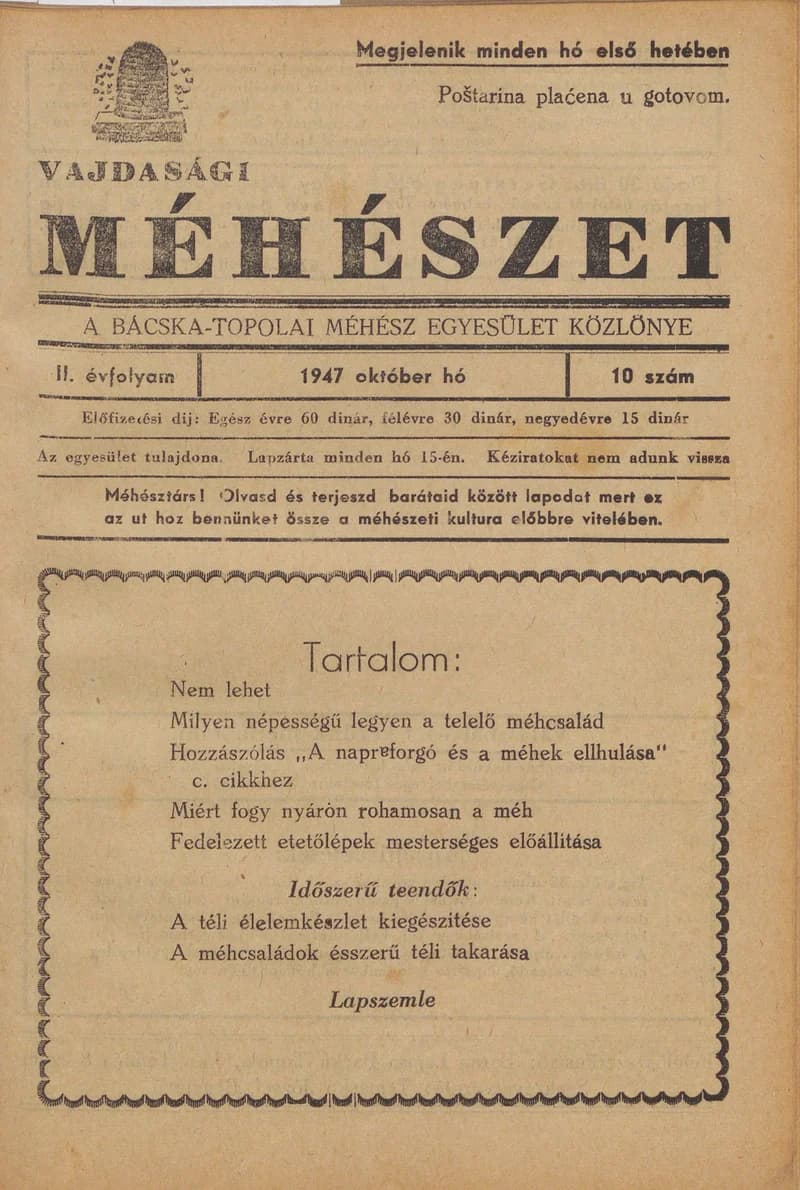 Vajdasági méhészet Bácska Topolya, 2. évf. 1947. október 1. 10. sz.