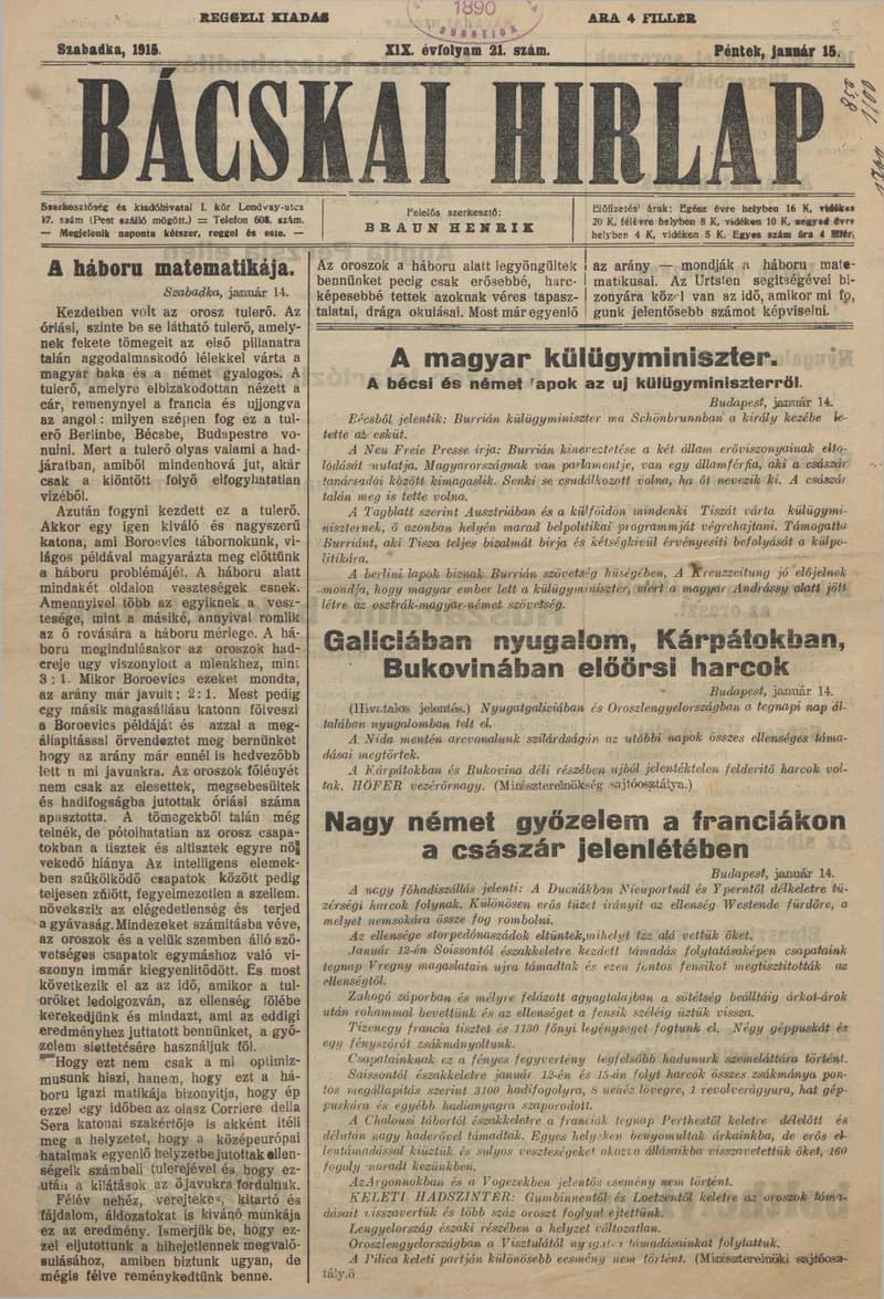 Bácskai Hirlap, 19. évf. 1915. január 15. 21. sz.