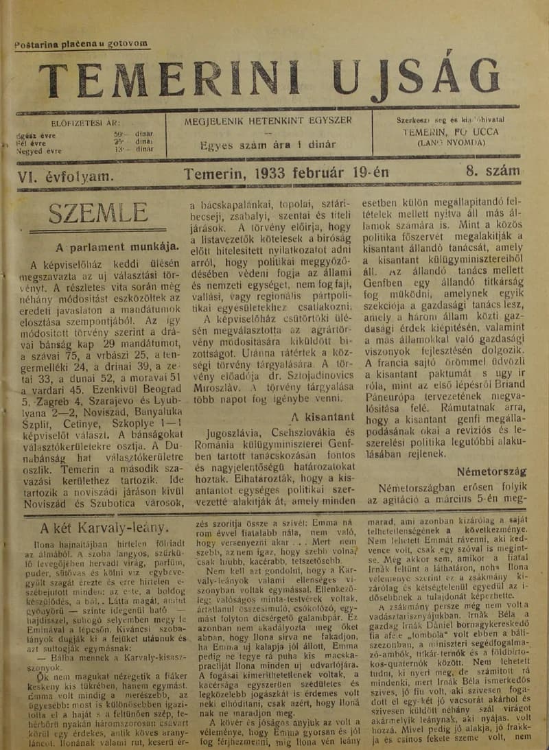Temerini Újság 1928-1944, 6. évf. 1933. február 19. 8. sz.