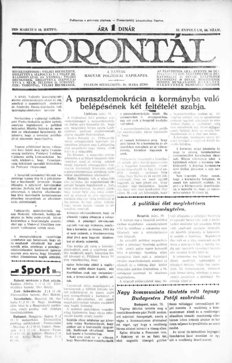 Torontál, 57. évf. 1928. március 19. 66. sz.