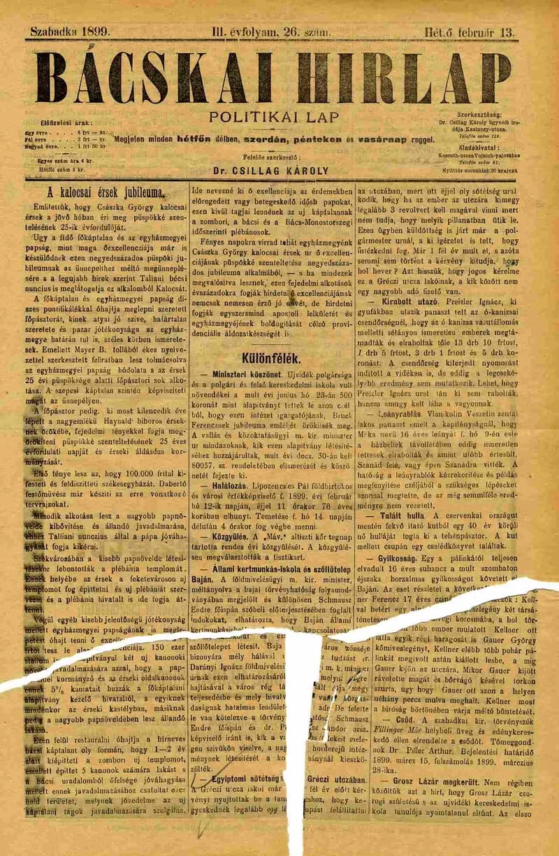 Bácskai Hirlap, 3. évf. 1899. február 13. 26. sz.