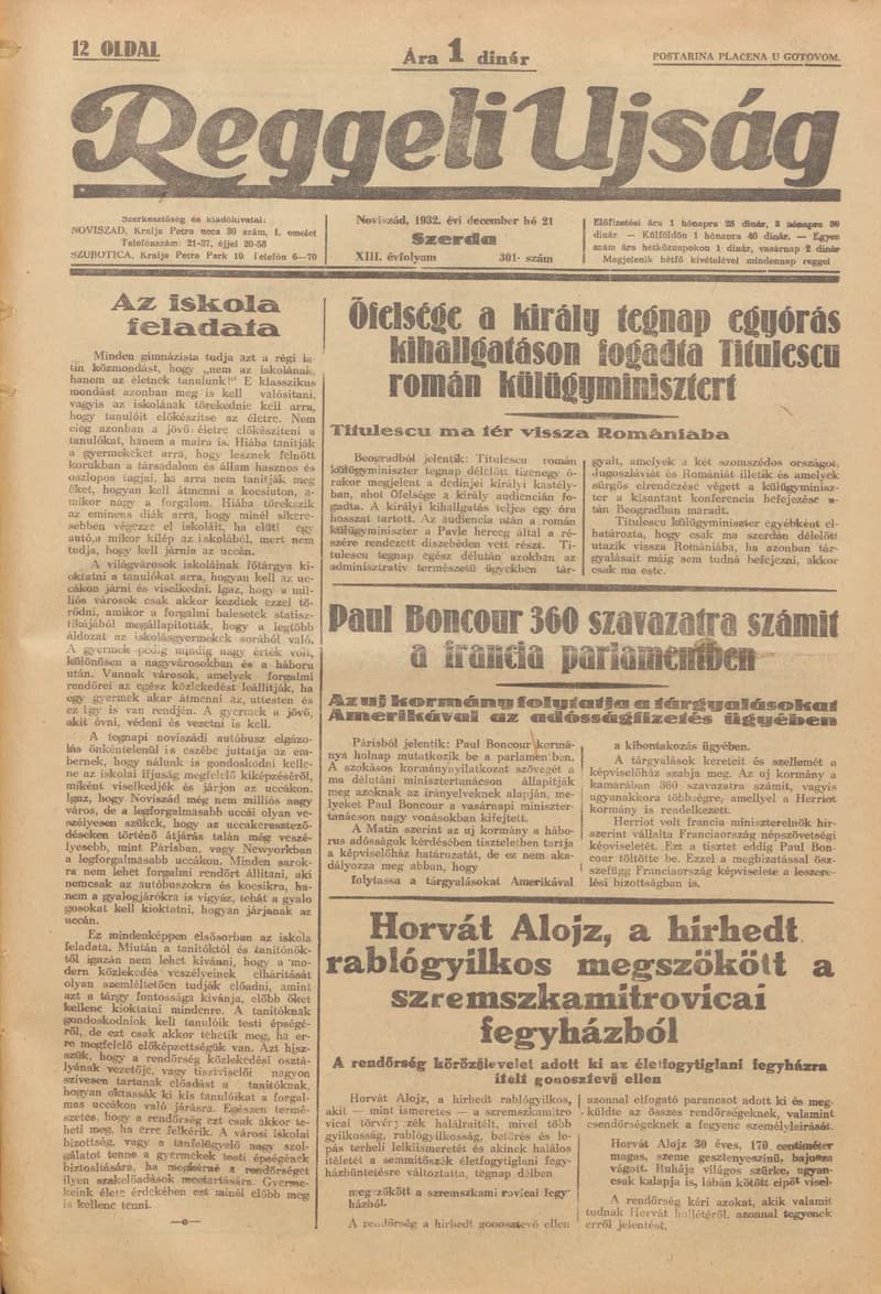 Reggeli Újság, 13. évf. 1932. december 21. 301. sz.