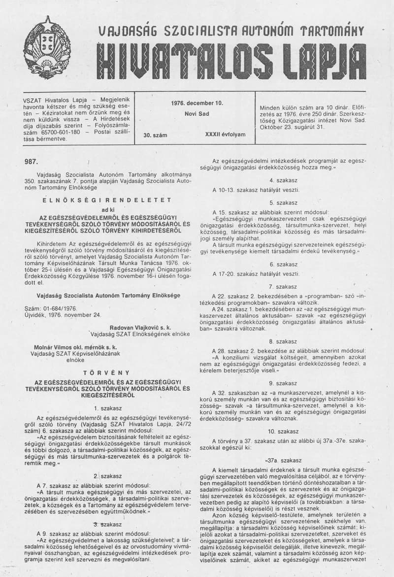 Vajdaság Szocialista Autonóm Tartomány Hivatalos Lapja, 32. évf. 1976. december 10. 30. sz. 1157–1184. oldal