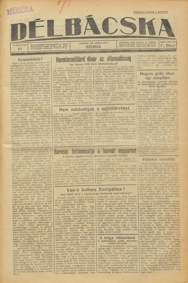 Délbácska, 6. évf. 1925. április 8. 83. sz.