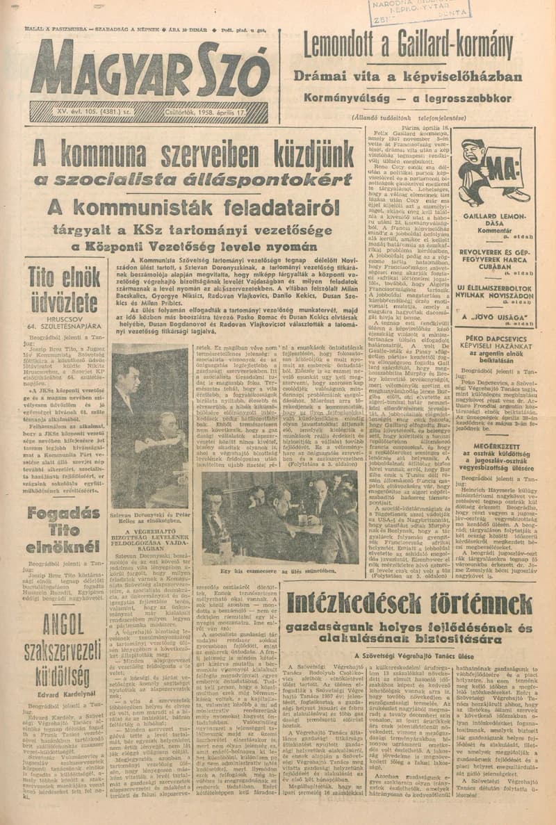 Magyar Szó, 15. évf. 1958. április 17. 105. sz. 1–10. oldal