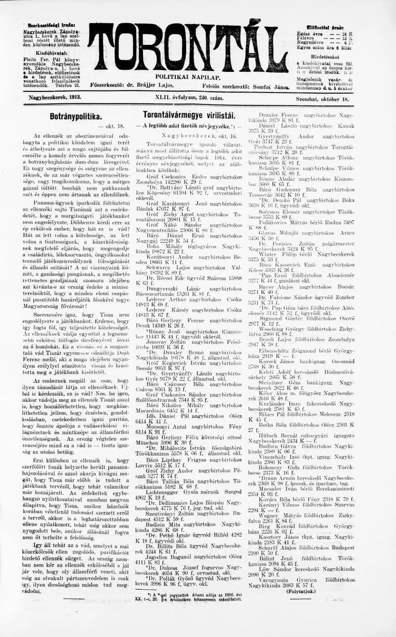 Torontál, 42. évf. 1913. október 18. 240. sz.