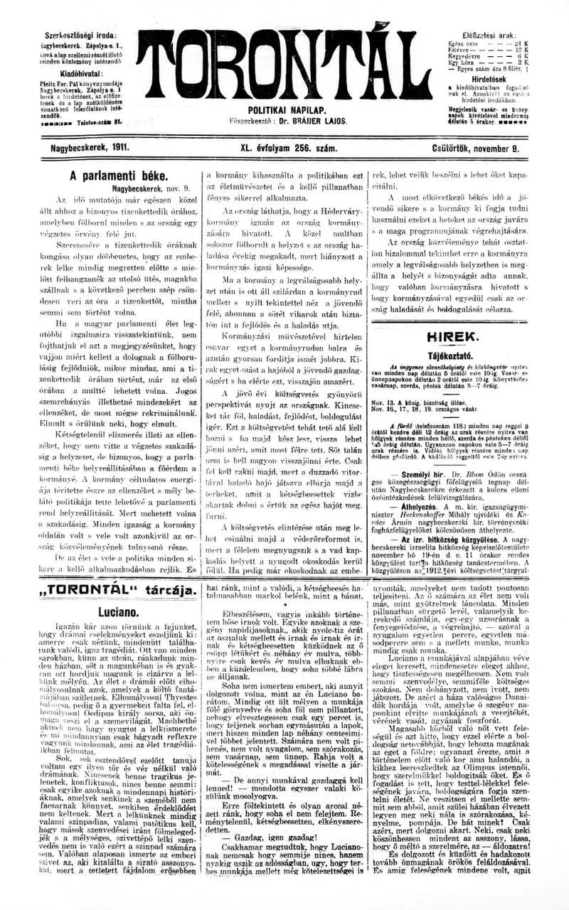 Torontál, 40. évf. 1911. november 9. 256. sz.