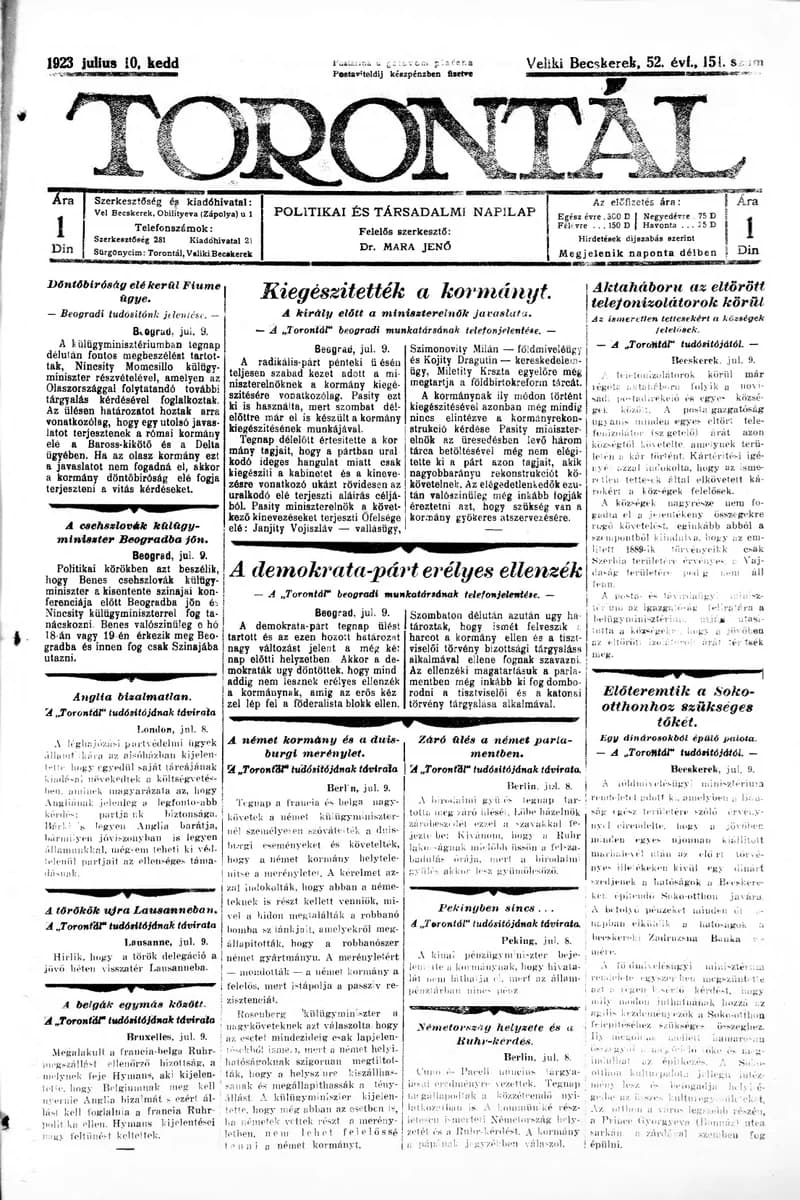 Torontál, 52. évf. 1923. július 10. 151. sz.