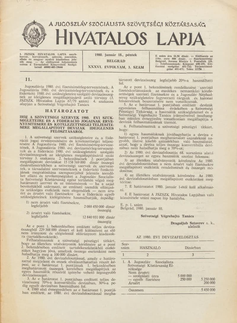 A Jugoszláv Szocialista Szövetségi Köztársaság Hivatalos Lapja, 36. évf. 1980. január 18. 3. sz. 69–112. oldal