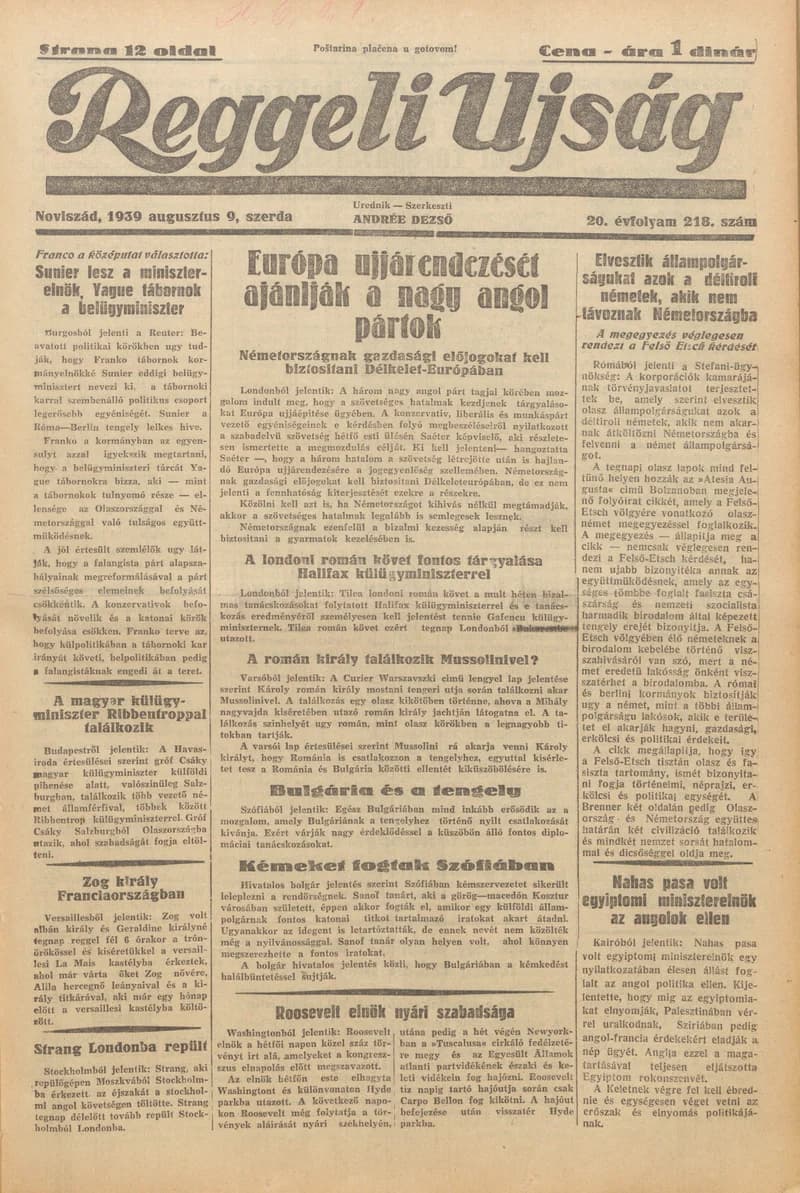 Reggeli Újság, 20. évf. 1939. augusztus 9. 218. sz.