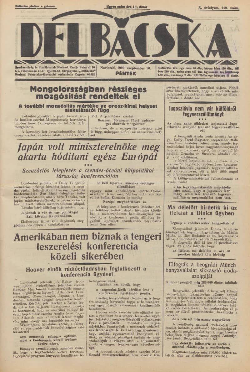 Délbácska, 10. évf. 1929. szeptember 20. 219. sz.