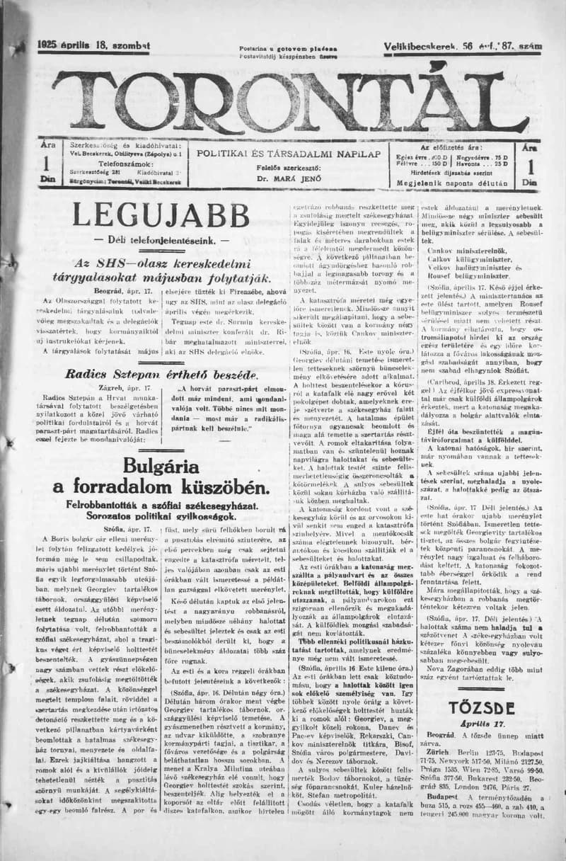 Torontál, 54. évf. 1925. április 18. 87. sz.