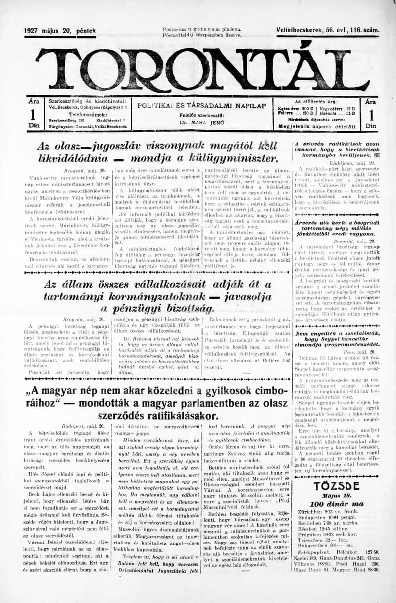 Torontál, 56. évf. 1927. május 20. 116. sz.