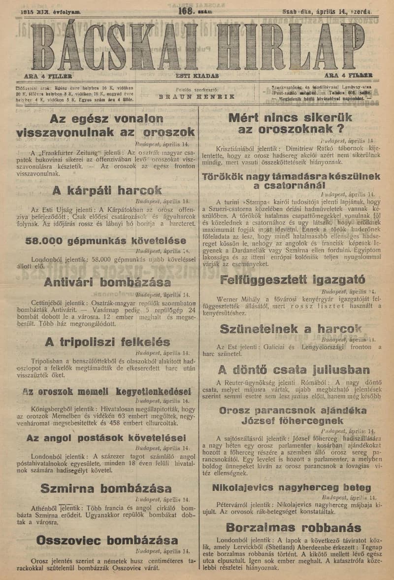 Bácskai Hirlap, 19. évf. 1915. április 14. 168. sz.