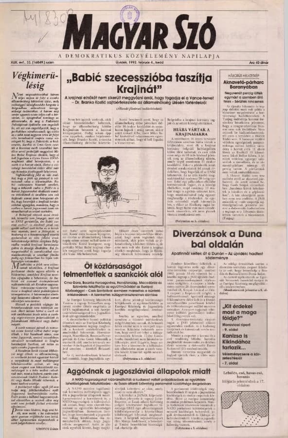 Magyar Szó, 49. évf. 1992. február 4. 33. sz. 1–20. oldal