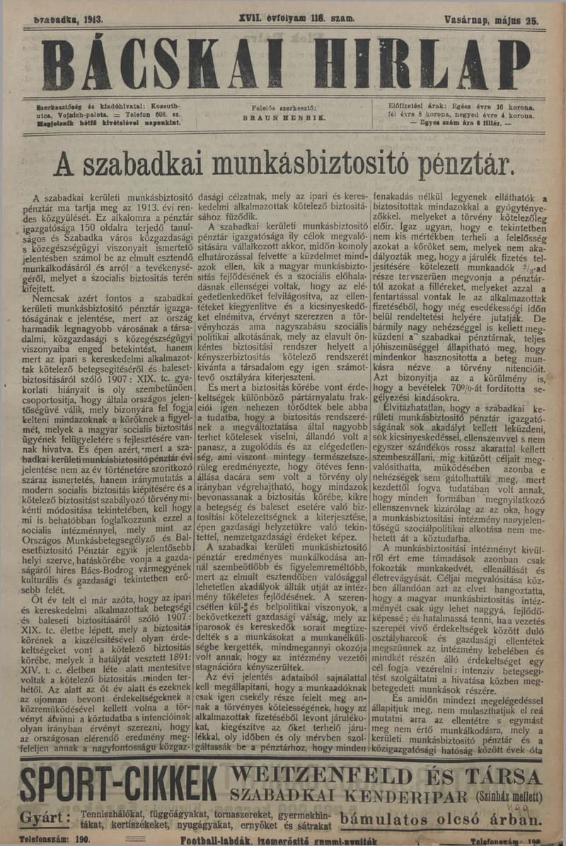 Bácskai Hirlap, 17. évf. 1913. május 25. 118. sz.