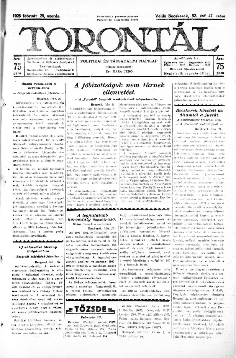 Torontál, 52. évf. 1923. február 28. 47. sz.