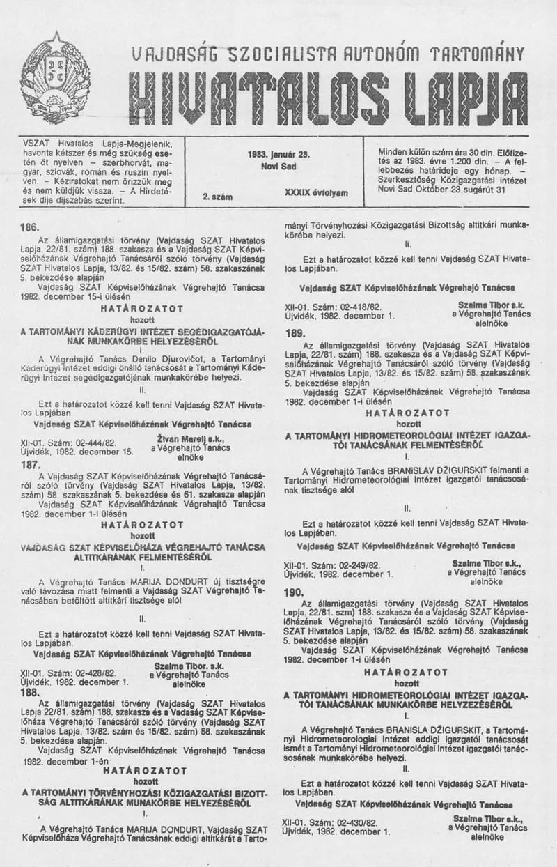 Vajdaság Szocialista Autonóm Tartomány Hivatalos Lapja, 39. évf. 1983. január 28. 2. sz.
