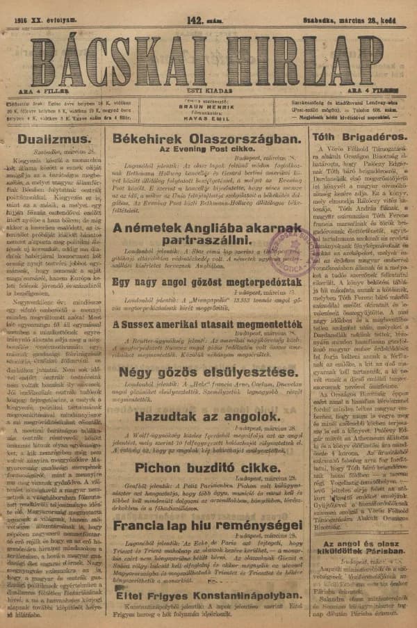 Bácskai Hirlap, 20. évf. 1916. március 28. 142. sz.
