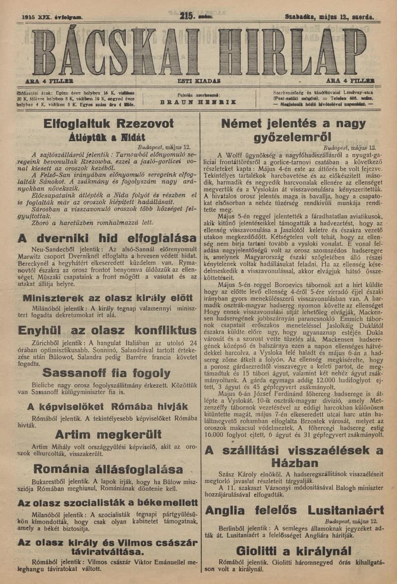 Bácskai Hirlap, 19. évf. 1915. május 12. 215. sz.