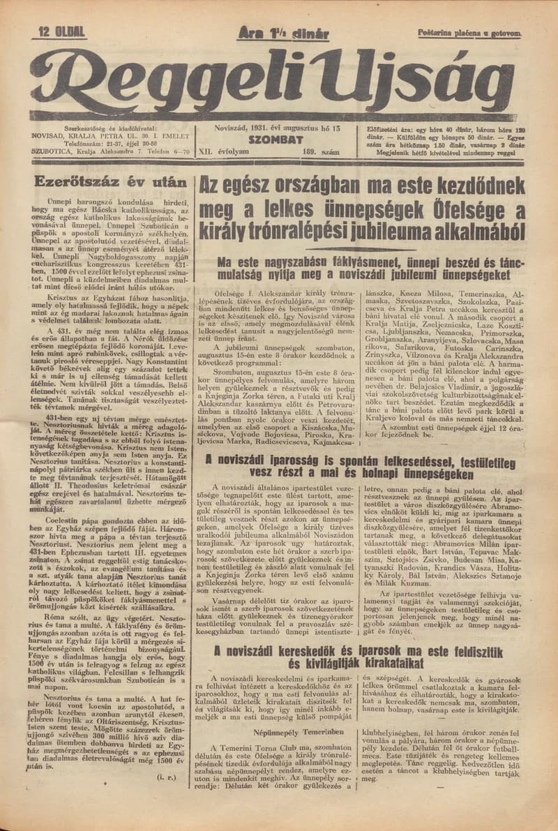 Reggeli Újság, 12. évf. 1931. augusztus 15. 189. sz.
