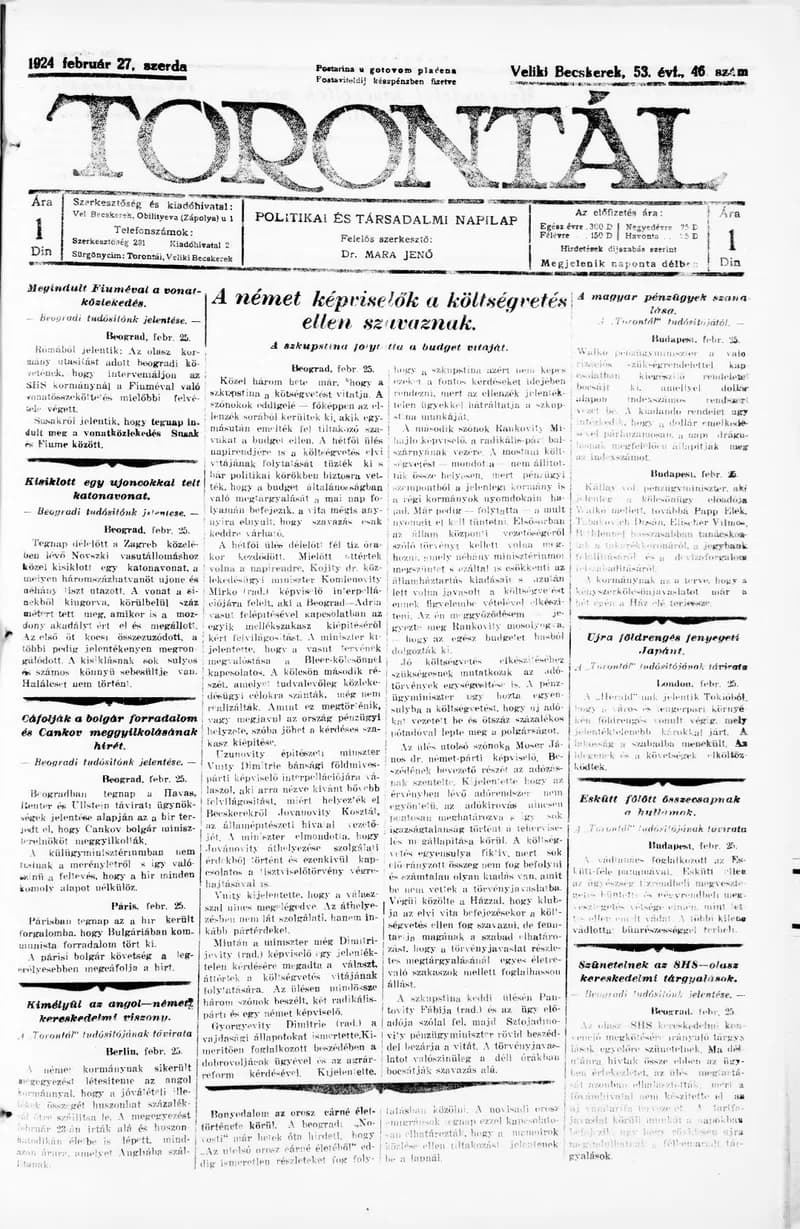 Torontál, 53. évf. 1924. február 27. 46. sz.