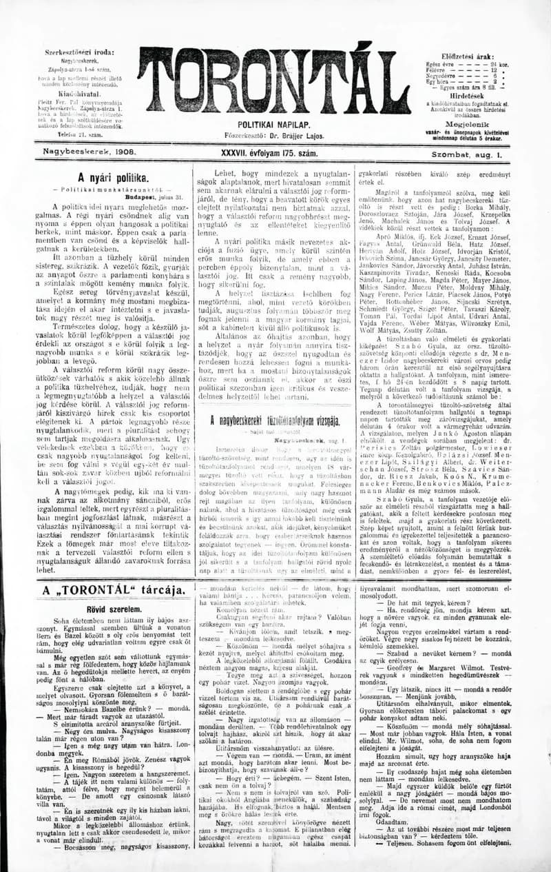 Torontál, 37. évf. 1908. augusztus 1. 175. sz.