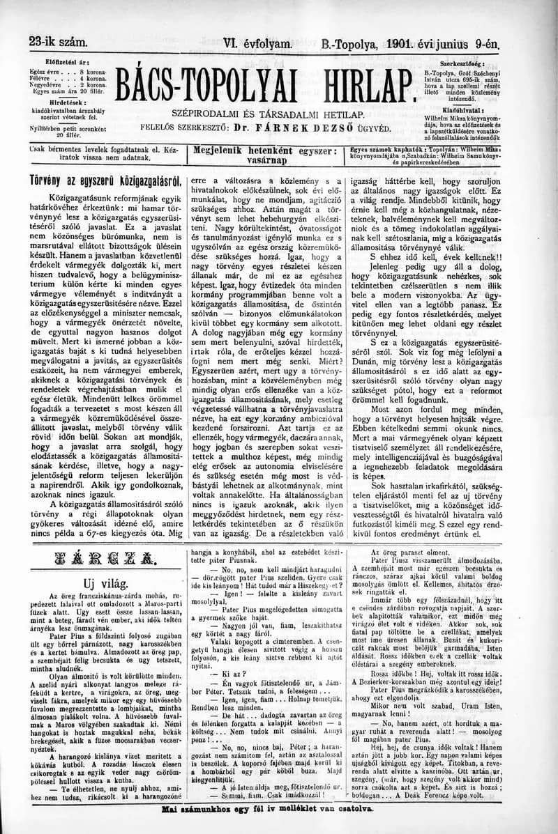 Bács-Topolyai Hirlap, 6. évf. 1901. június 9. 23. sz.