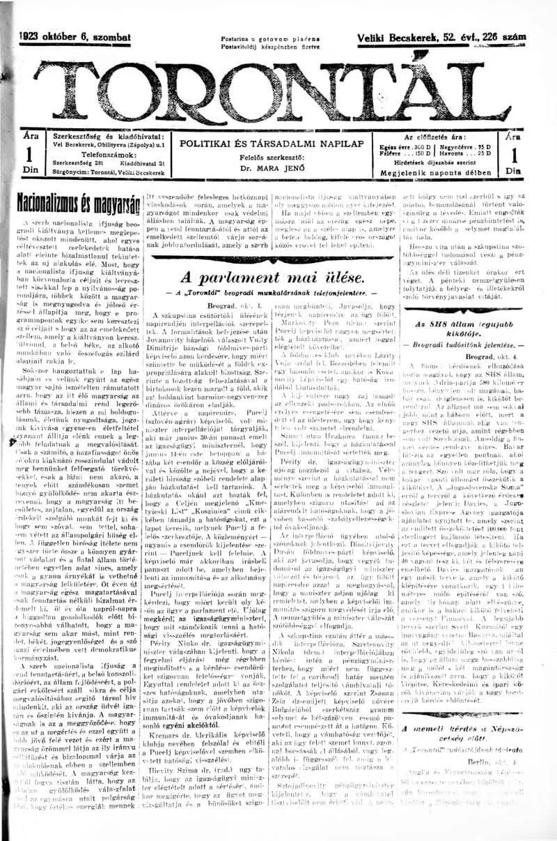 Torontál, 52. évf. 1923. október 6. 226. sz.