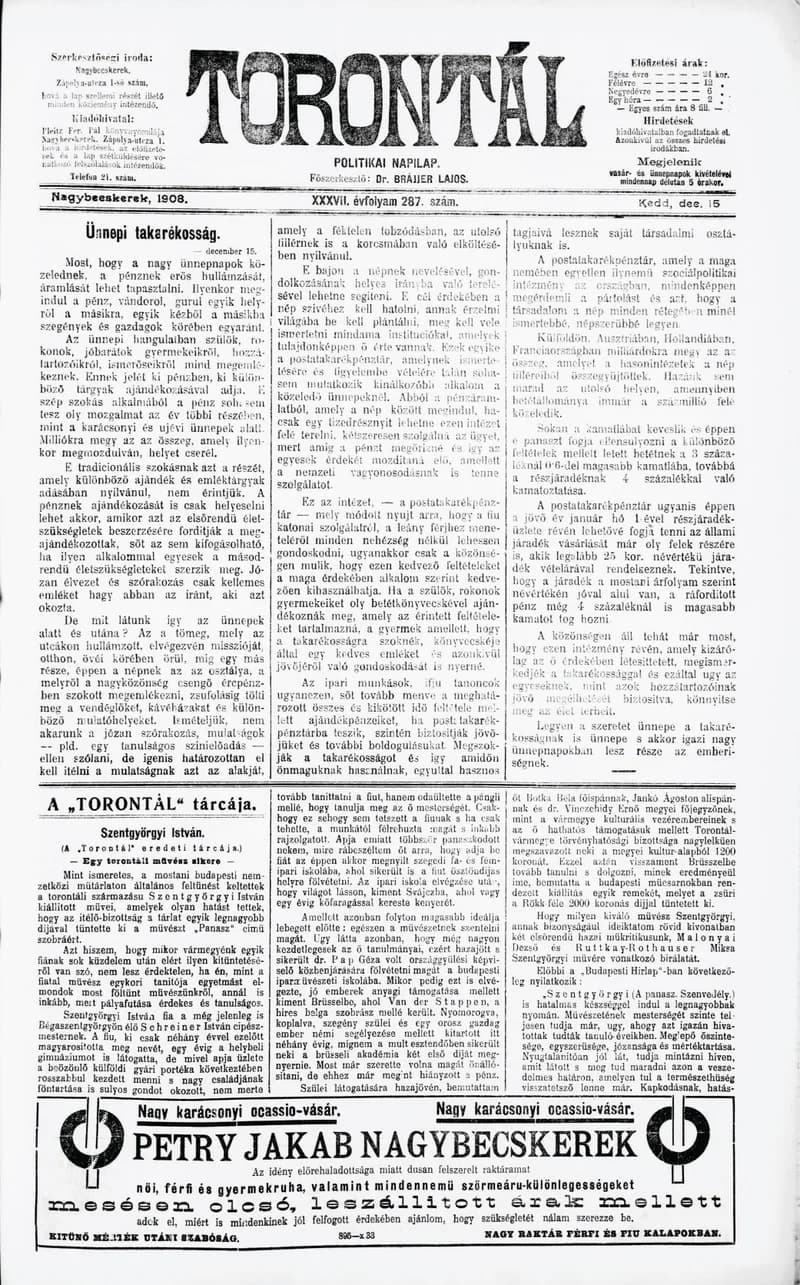Torontál, 37. évf. 1908. december 15. 287. sz.