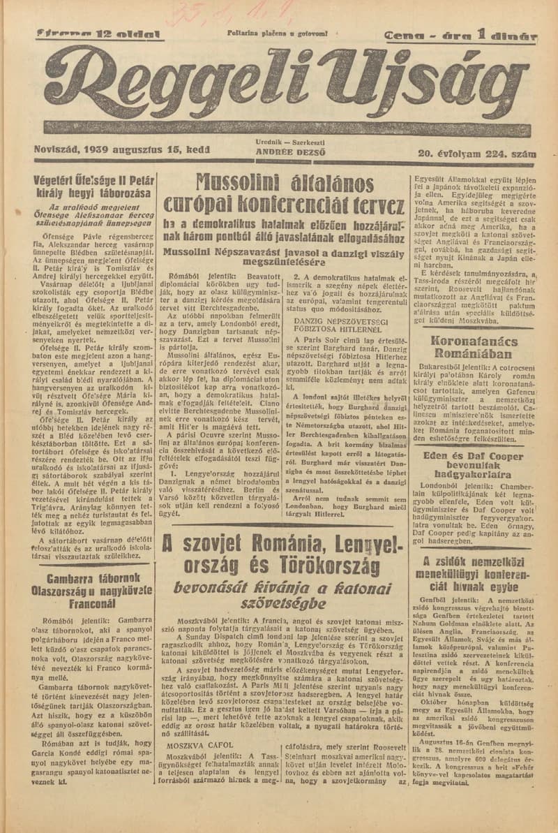 Reggeli Újság, 20. évf. 1939. augusztus 15. 224. sz.