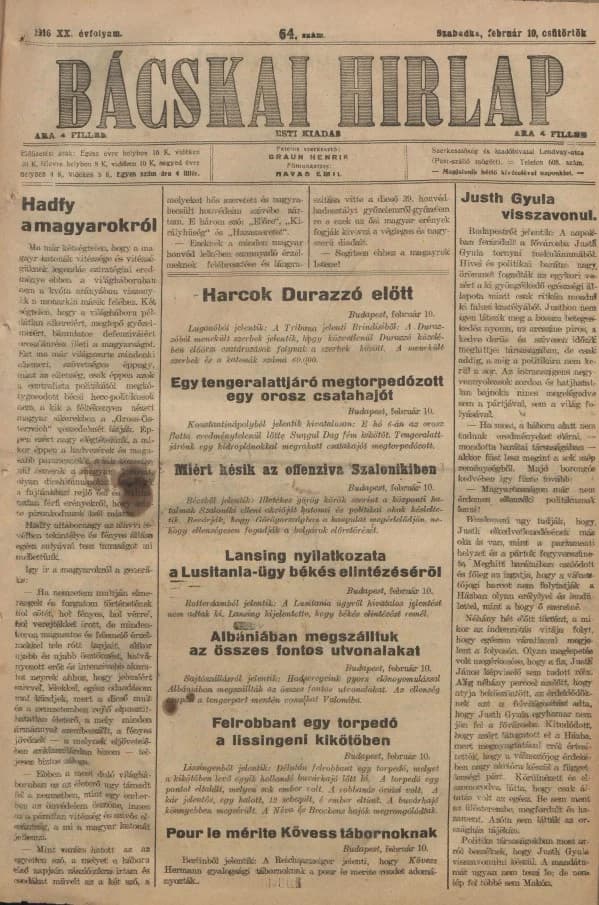 Bácskai Hirlap, 20. évf. 1916. február 10. 64. sz.