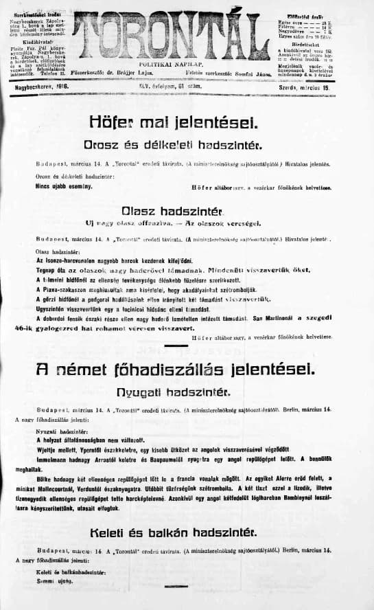 Torontál, 45. évf. 1916. március 15. 61. sz.